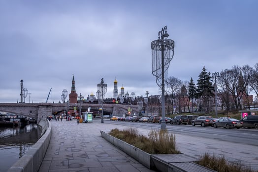 Traffic jam on a Moscow river embankment,Moscow Kremlin and Red Square. photo