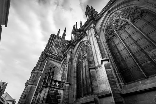 St. Vitus Cathedral in Prague, Czech Republic with a cloudy sky. Overcast weather. Prague Castle. Black and white photo. photo