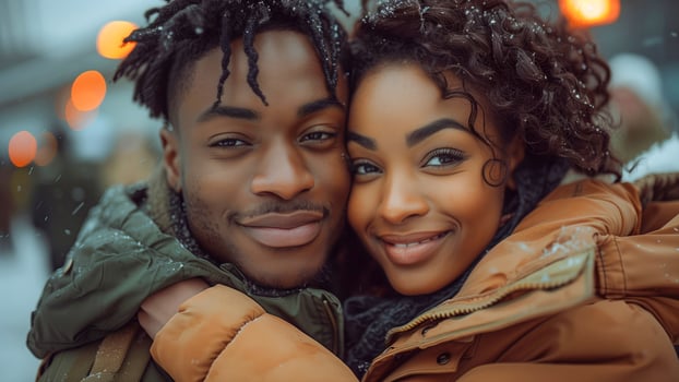 Joyful Couple Embracing in Snowy Winter Wonderland with Festive Lights and Warm Clothing in City Setting photo