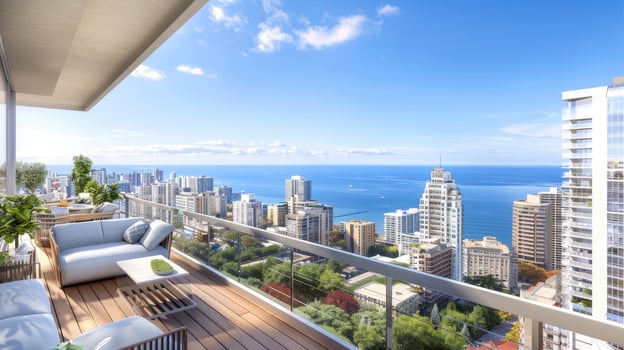 A balcony overlooking the ocean and city photo