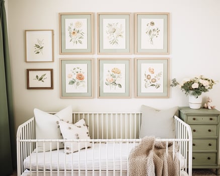 Nursery gallery wall, home decor and wall art, framed art in the English country cottage interior, room for diy printable artwork mockup and print shop photo