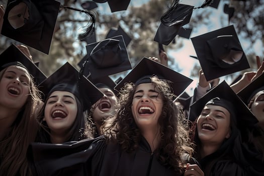 A group of students in graduation gowns celebrating graduation. Graduates embrace and congratulate each other photo