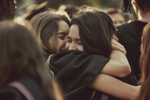 Two students in graduation gowns celebrating graduation. The graduates embrace and congratulate each other photo