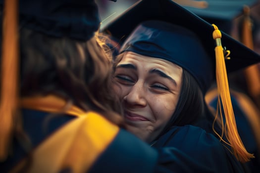 Two students in graduation gowns celebrating graduation. The graduates embrace and congratulate each other photo