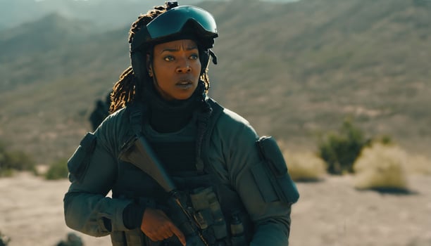 photo of strong african woman in combat armor outfit on mission ,