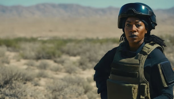 photo of strong african woman in combat armor outfit on mission ,