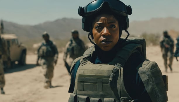 photo of strong african woman in combat armor outfit on mission ,