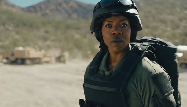 photo of strong african woman in combat armor outfit on mission ,