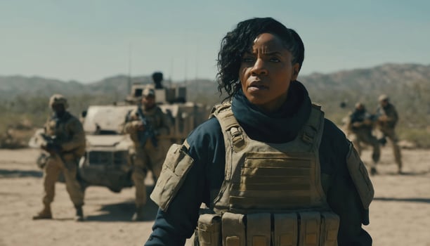 photo of strong african woman in combat armor outfit on mission ,