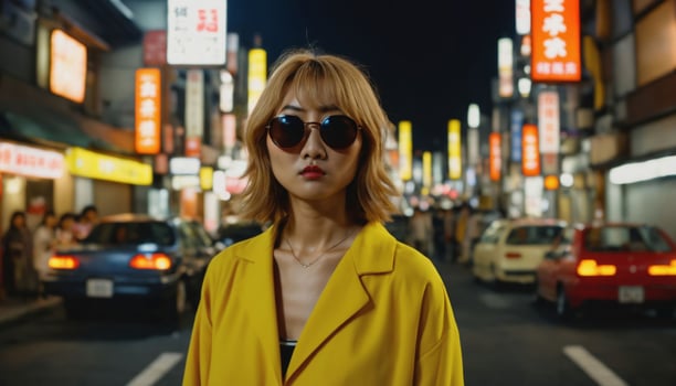 photo of beautiful asian woman in yellow outfit at asian street night market ,