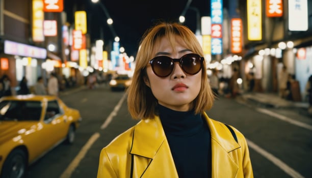 photo of beautiful asian woman in yellow outfit at asian street night market ,