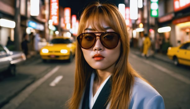 photo of beautiful asian woman in yellow outfit at asian street night market ,