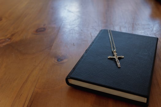 cross is placed on the Bible after prayer to God, which is religious ritual of Christianity and belief in the teachings of God. concept of praying to God with the teachings of the Bible and cross. photo