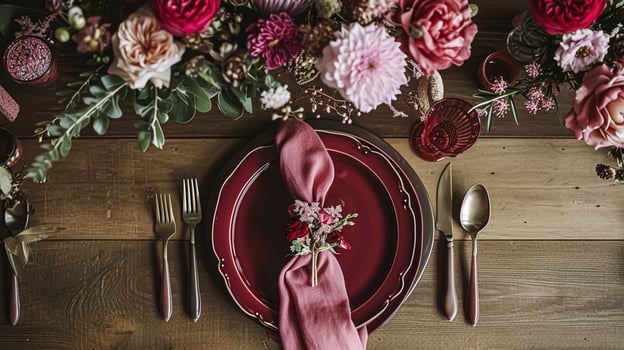 Valentines day tablescape and table decor, romantic table setting with flowers, formal dinner and date, beautiful cutlery and tableware photo