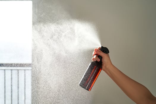 A woman's hand sprays an air freshener in a room. photo