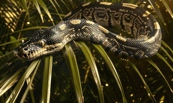 Black-headed python on palm fronds photo