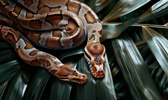 Boa constrictor on palm leaves photo