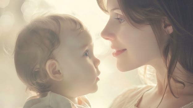 Mother and baby's shared glance in a white ambiance, capturing an expression of deep connection and trust. Mom and baby photo
