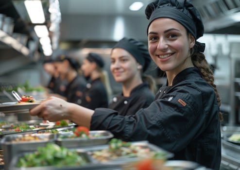Portrait of happy chefs team standing together in kitchen generated by AI. photo