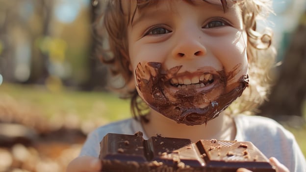 A child with chocolate-smeared hands and face enjoying a chocolate bar in a sunny park photo