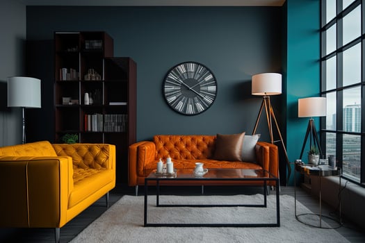 a living room with orange and blue furniture photo
