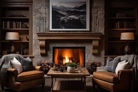 a fireplace in a room with two chairs and a book shelf photo