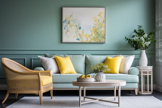 a living room with a blue couch, yellow pillows and a painting photo