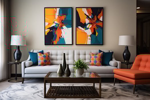 a living room with orange and blue furniture photo