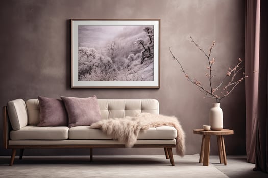 a pink sofa in front of a wall with a framed photograph photo