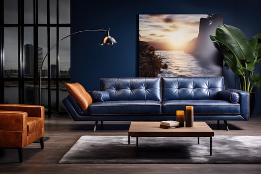 a blue leather sofa and chair in front of a large painting photo