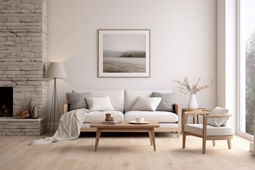 a modern living room with white furniture and a fireplace photo