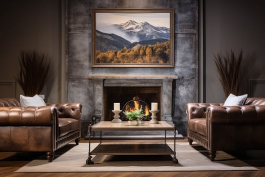 a living room with two leather chairs and a fireplace photo