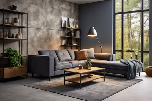 modern living room with grey sofa, coffee table and bookshelf photo