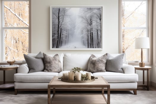 a living room with a white couch and a large painting photo