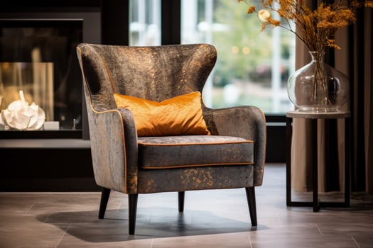 a chair with orange and gold pillows in front of a fireplace photo