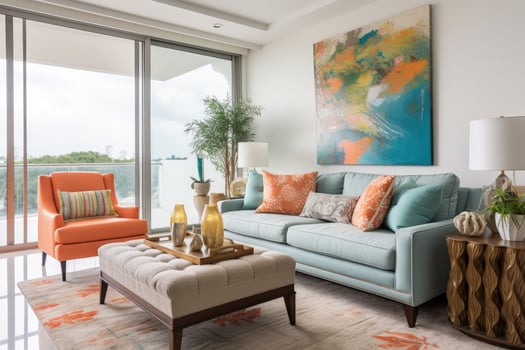 a living room with orange and blue furniture photo