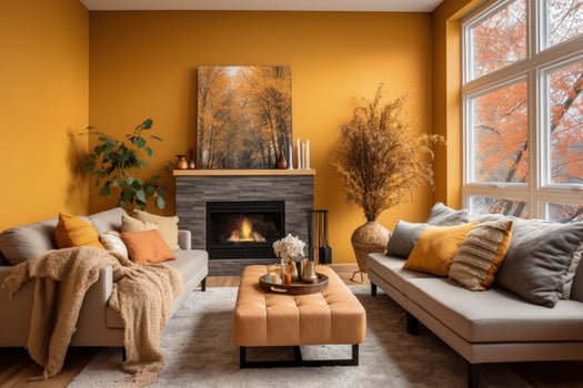 a living room with yellow walls and orange furniture photo