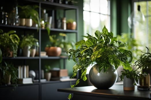 a room with plants and a book shelf photo