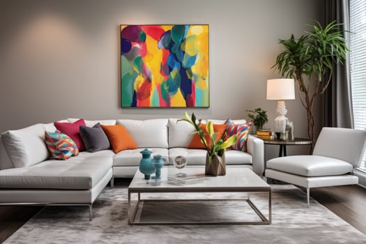 a colorful abstract painting hangs above a white couch photo