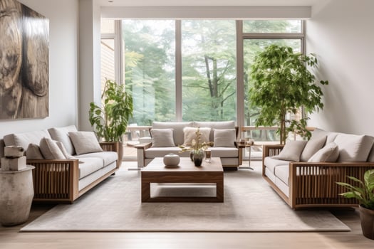 a living room with wooden furniture and a large painting photo