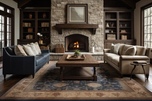 a living room with a stone fireplace and couches photo