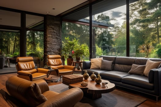 a living room with leather furniture and large windows photo