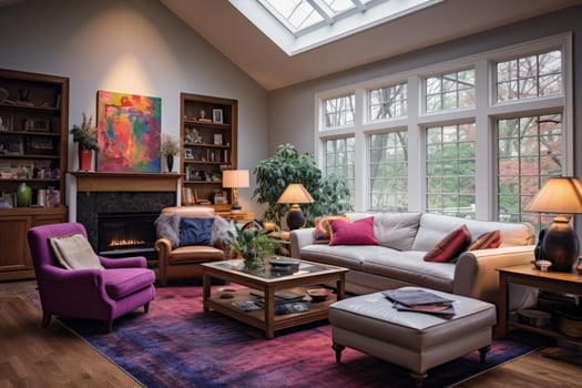 a living room with a skylight and a couch photo