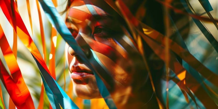 Artistic collage portrait of a woman with colorful light patterns photo