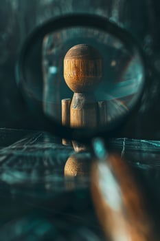 A small wooden object is magnified through a magnifying glass photo