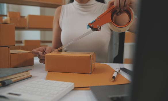 Portrait of young business asian woman online working in office desk use computer copyspace. Success business people employee, freelance SME online marketing work at home, coworking space concept photo