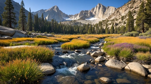 River flows in the stunning Sierra Nevada mountains photo