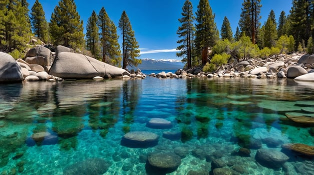 the crystal-clear waters of Lake Tahoe, nestled in the Sierra Nevada photo