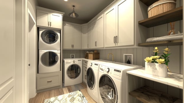 Elegant and modern laundry room with sophisticated cabinetry and countertops. Luxurious grey laundry space. Concept of modern living, upscale interiors, neatness. photo