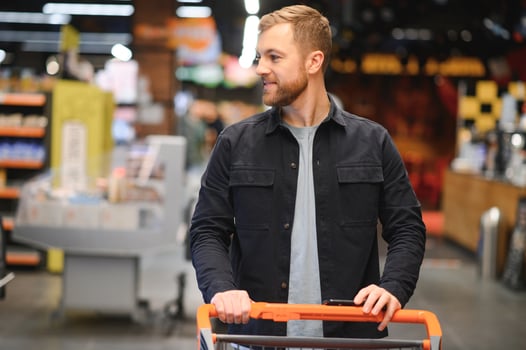 man in supermarket, grocery store customer photo